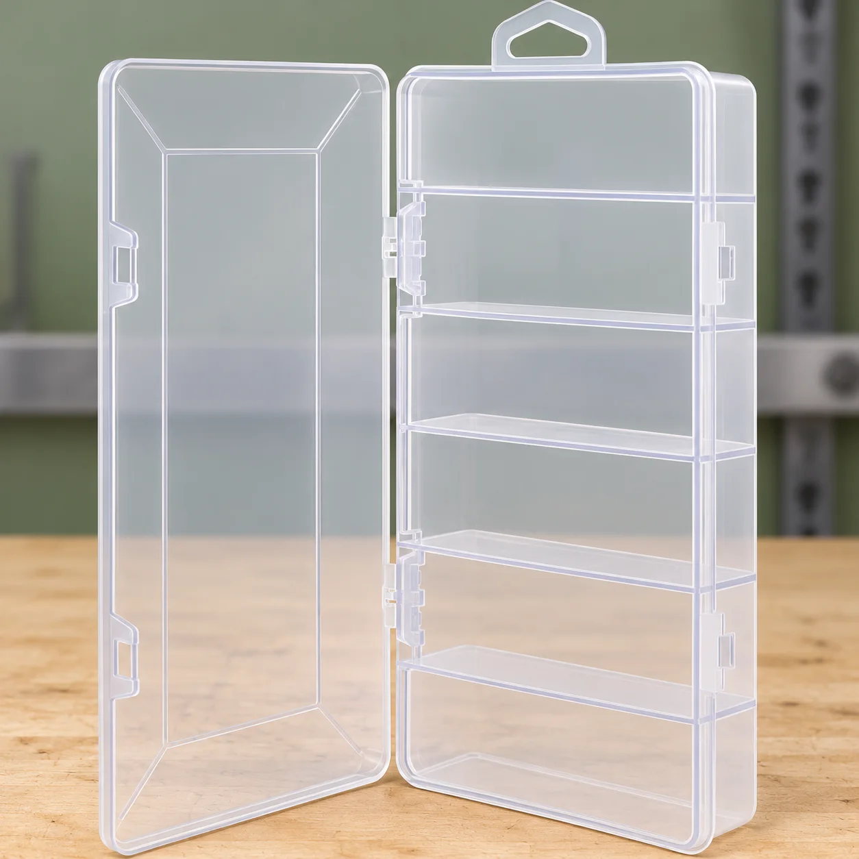 InLine — boîte de tri transparente — illustration fidèle à la référence, dans un décor d’atelier