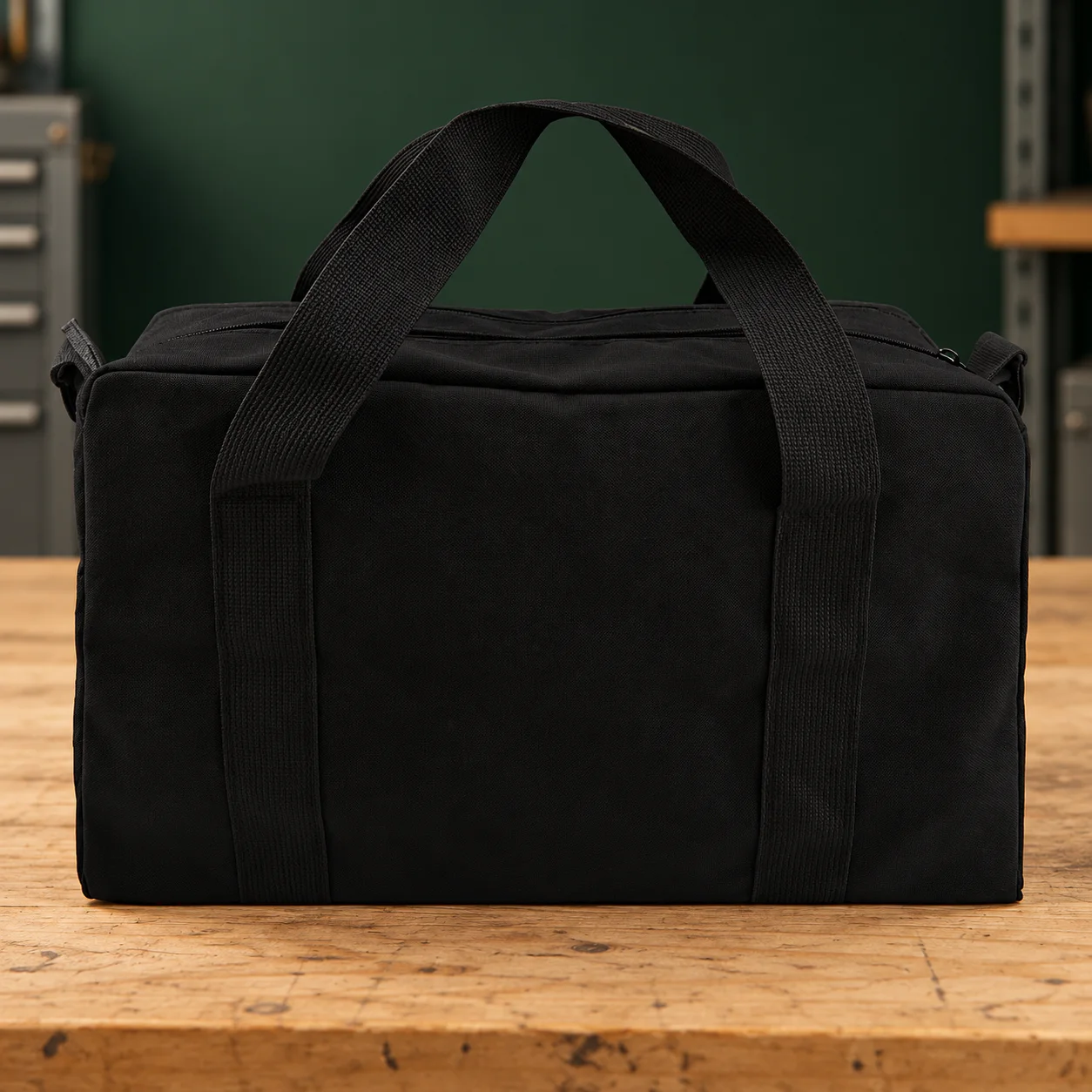 Sac à outils en toile noire — illustration fidèle à la référence, dans un décor d’atelier