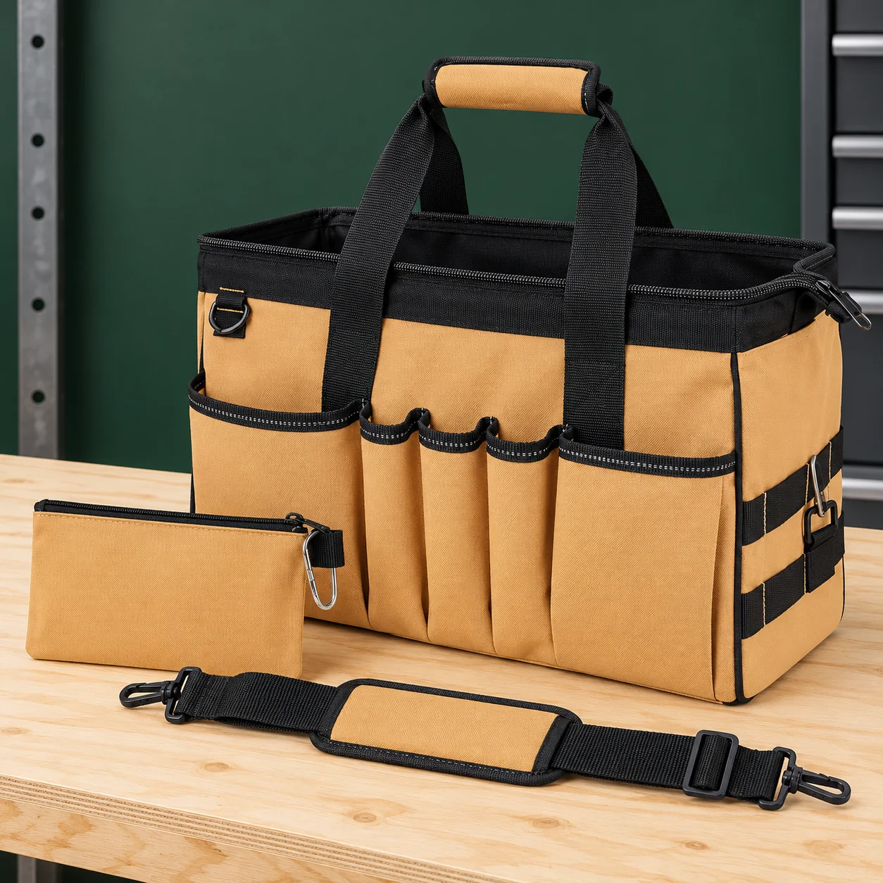 Sac à outils brun à poche amovible — illustration fidèle à la référence, dans un décor d’atelier